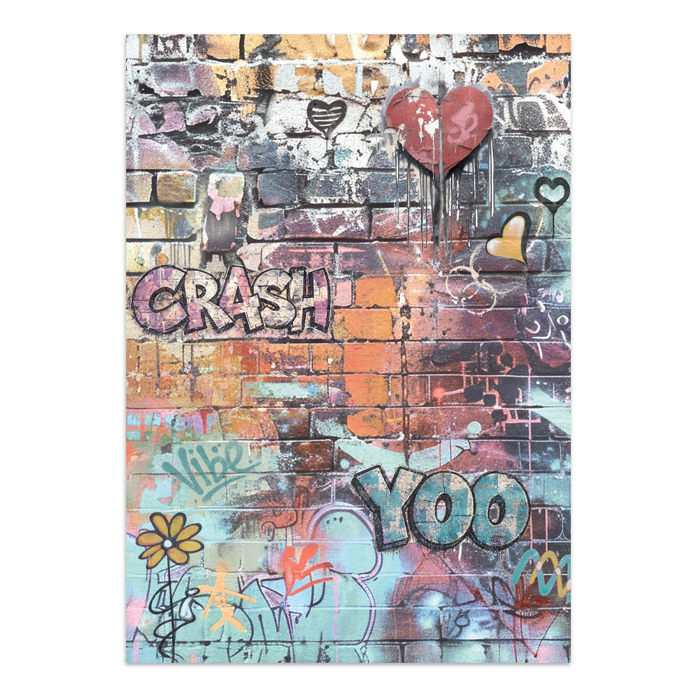 sheet of cardstock featuring a colorful graffiti-style brick wall design with the words 'CRASH' and 'YOO', painted hearts, dollar signs, and graffiti lettering in pink, blue, orange, yellow, and gray tones.