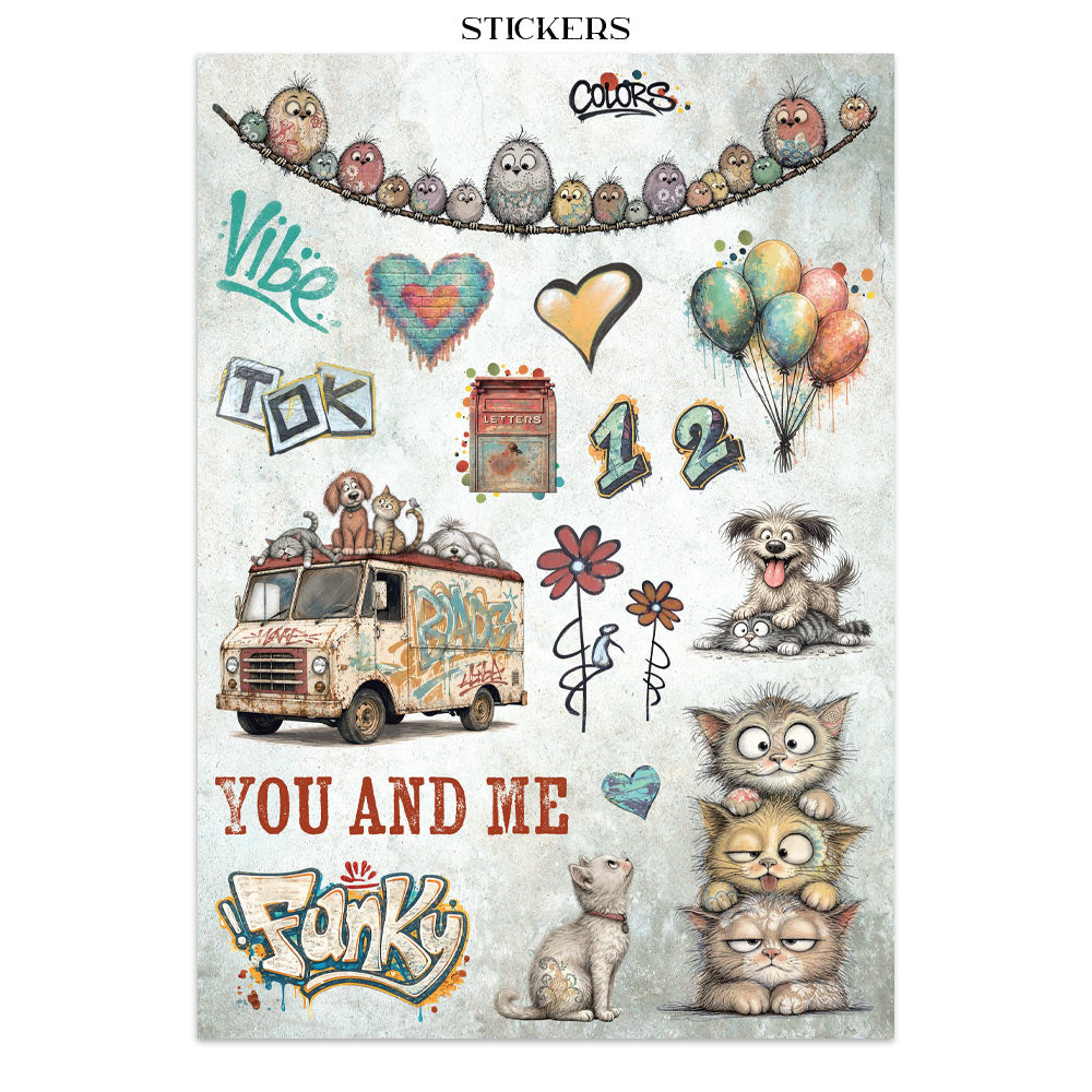 A sheet of colorful stickers featuring cute illustrations of owls, dogs, cats, flowers, balloons, graffiti-style text, and numbers on a textured light background. 