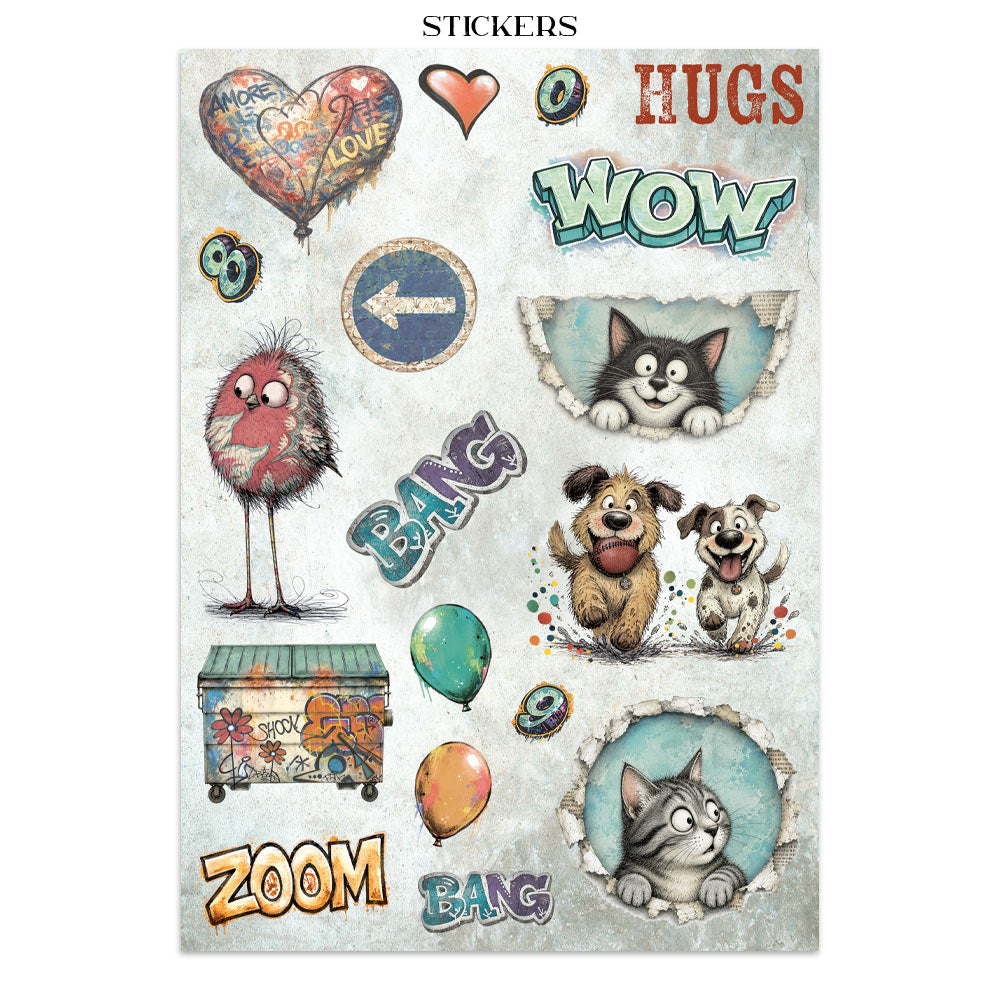 A sheet of colorful stickers featuring cartoon animals, graffiti-style balloons, and playful text such as 'HUGS', 'WOW', 'ZOOM', and 'BANG' on a light textured background.