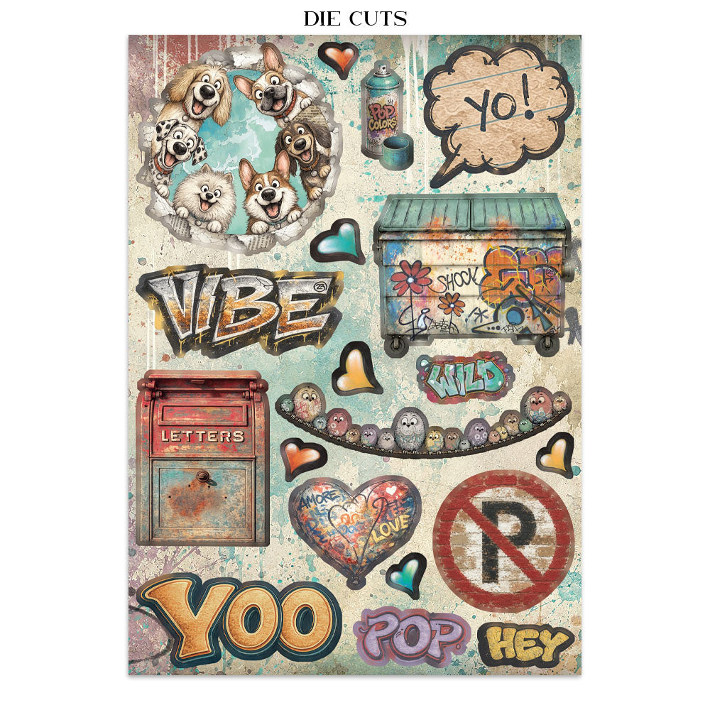 A sheet of die-cut featuring a vintage, distressed aesthetic with various pop culture and dog-themed illustrations, including a group of dogs, graffiti, hearts, and retro text.