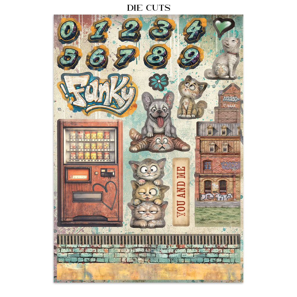 A sheet of die-cuts featuring a vintage, grunge-style collage with multiple cats, a vending machine, graffiti text reading 'Funky', numbers 0-9, a brick building, and a brick border at the bottom. The sheet is labeled 'DIE CUTS' at the top.