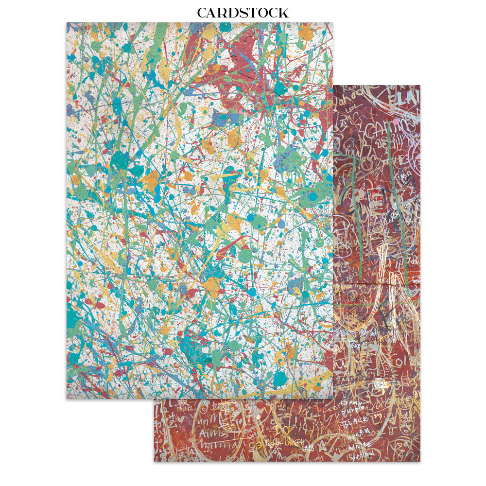 Two sheets of cardstock with abstract paint splatter and graffiti-style artwork, displayed on a white background with the text 'CARDSTOCK' above.