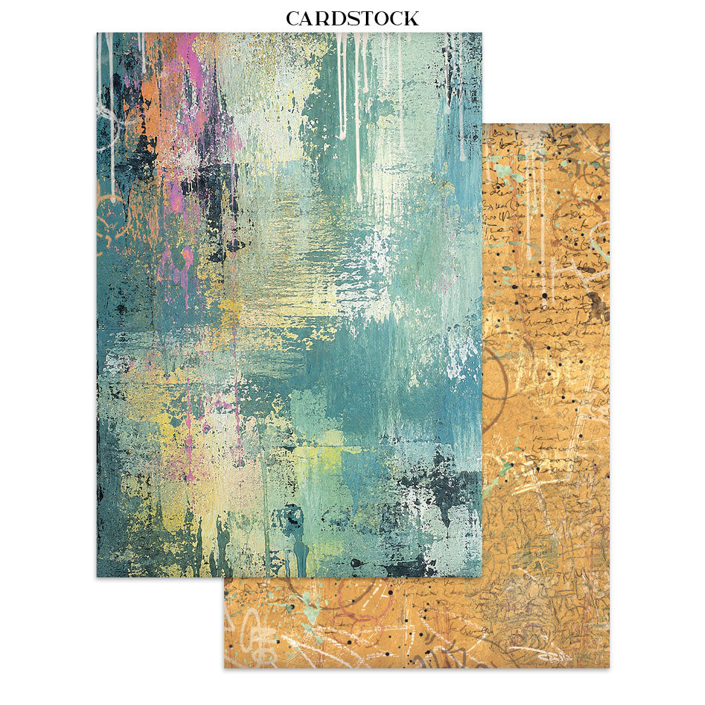 Two sheets of abstract cardstock paper with a textured, paint-splattered finish. One sheet features a teal, blue, and yellow abstract design with purple accents, while the other features a textured gold and brown design.