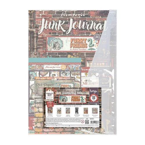 Stamperia's Junk Journaling Kit featuring a large scrapbook paper sheet and a smaller cardstock sheet with vintage-style illustrations, text, and textures, packaged in a clear protective sleeve.