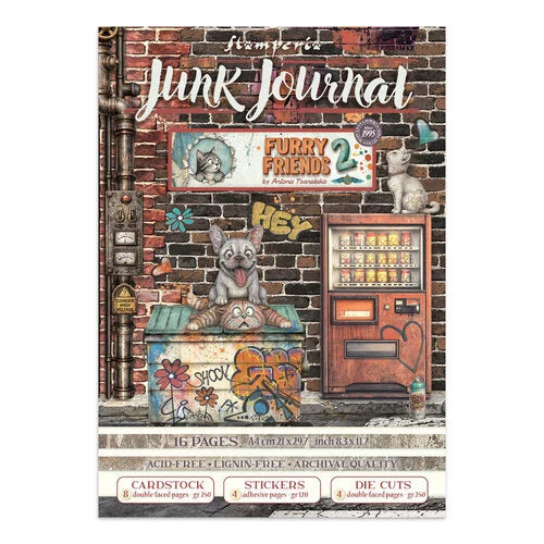Stamperia Junk Journal 'Furry Friends 2' paper pack cover, featuring a vintage-style graffiti brick wall illustration with a dog, cat, vending machine, and decorative text.