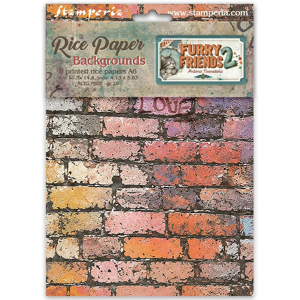 Stamperia 'Furry Friends 2' Rice Paper Backgrounds sheet featuring a distressed brick wall pattern in warm orange, red, pink, and beige tones.