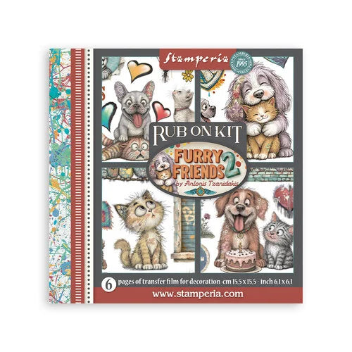 Stamperia 'Furry Friends' Rub On Kit packaging, featuring a colorful cover with illustrations of various cats and dogs, a patterned border on the left, and product details including pages of transfer film 