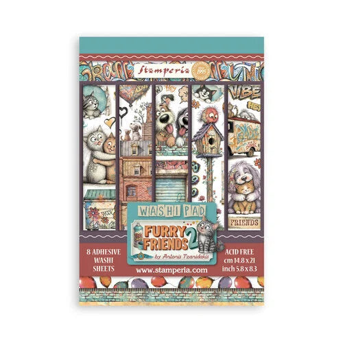 Stamperia 'Furry Friends 2' Washi Pad sheet, featuring a colorful collage of cute cartoon cats, dogs, and birds in a retro 90s aesthetic, with product details printed on the front.