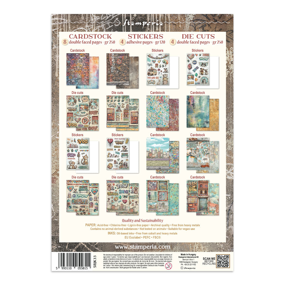 Stamperia cardstock and sticker die-cut sheet package showing multiple sample designs for cardstock, stickers, and die cuts on a textured beige background.