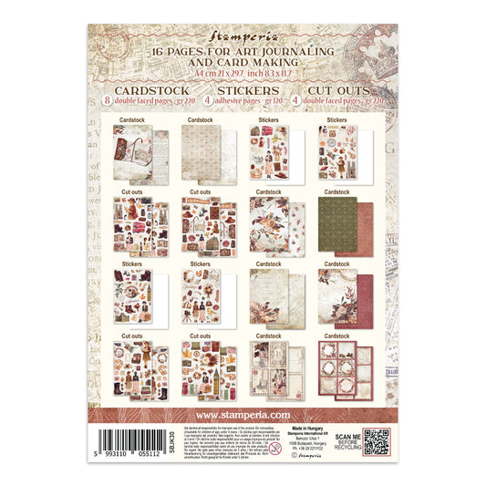 Stamperia cardstock and sticker set packaging, featuring 16 pages of craft supplies including double cardstock, stickers, and cut outs, displayed on a white background with a barcode and product details.