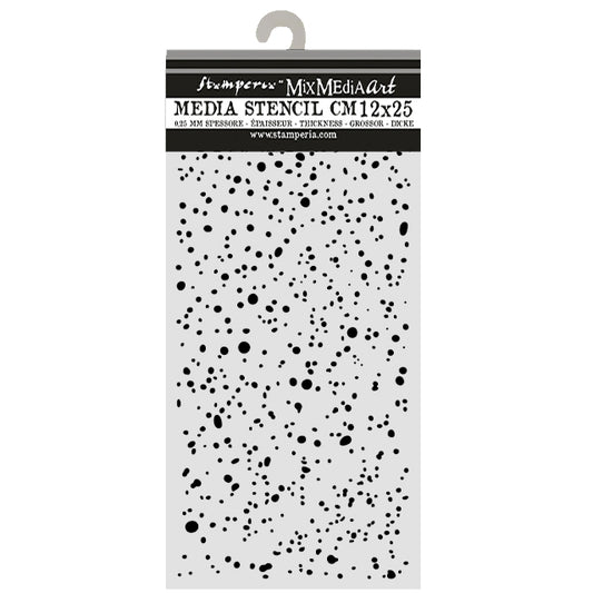 A packaged stamp stencil sheet from Stamperia by Mix Media Art, featuring a black and white speckled pattern with ink splatters, shown on a white background.