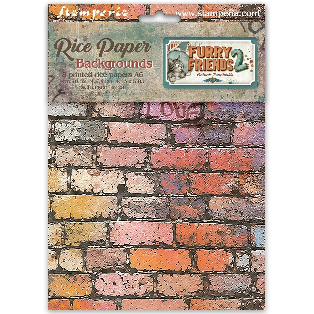 Stamperia's Rice Paper Backgrounds sheet featuring a distressed, colorful brick wall pattern with shades of orange, pink, yellow, and blue, packaged in a die-cut card.