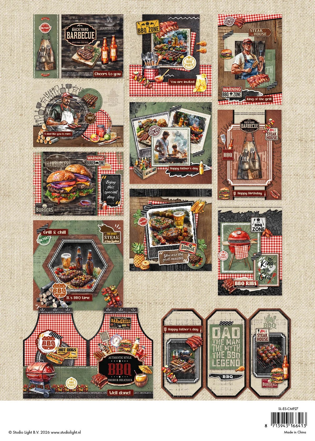 Collection of BBQ-themed product packaging on a textured fabric background