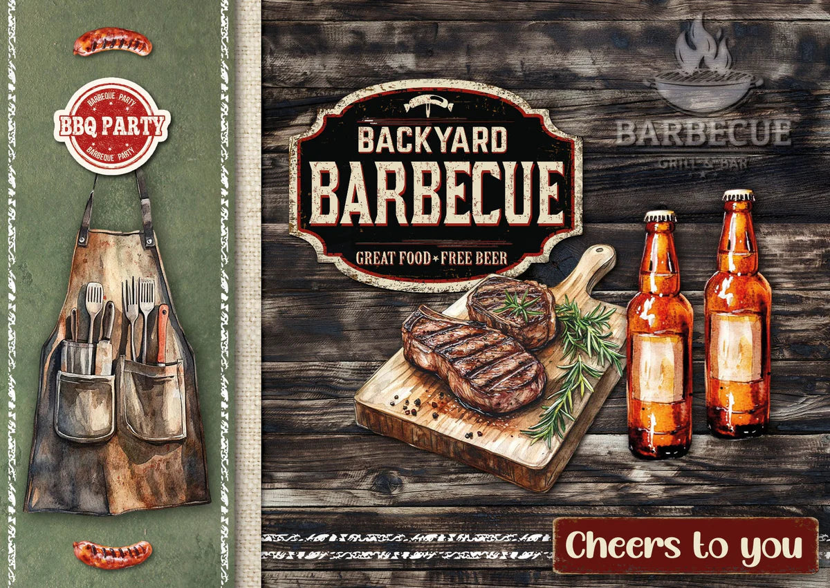 Promotional graphic for a backyard barbecue event with steak, beer, and apron.