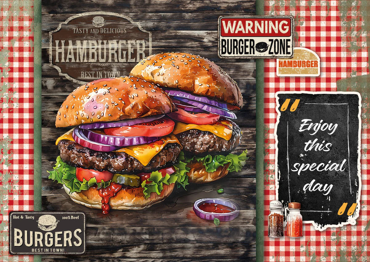 Illustration of a large burger with various toppings on a wooden background with checkered border.