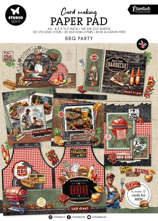Card making paper pad with BBQ-themed designs and images on a beige background.