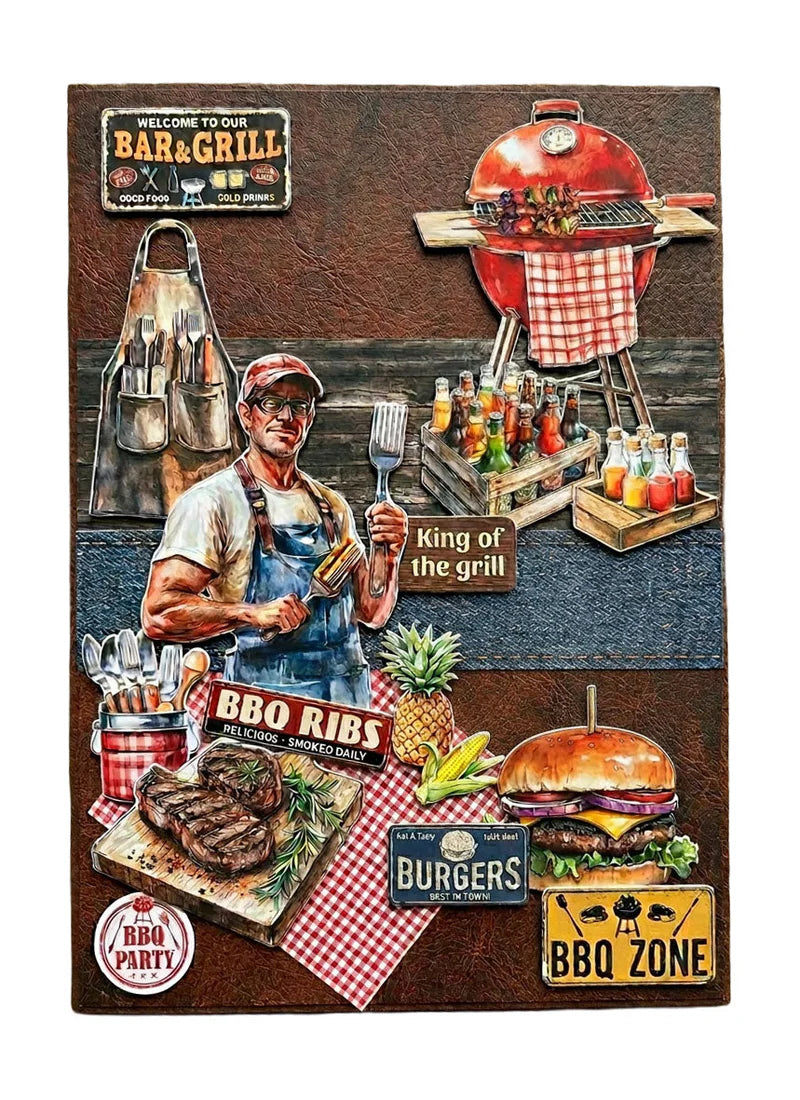 Decorative sign with a barbecue theme featuring a grill, food, and a person cooking.
