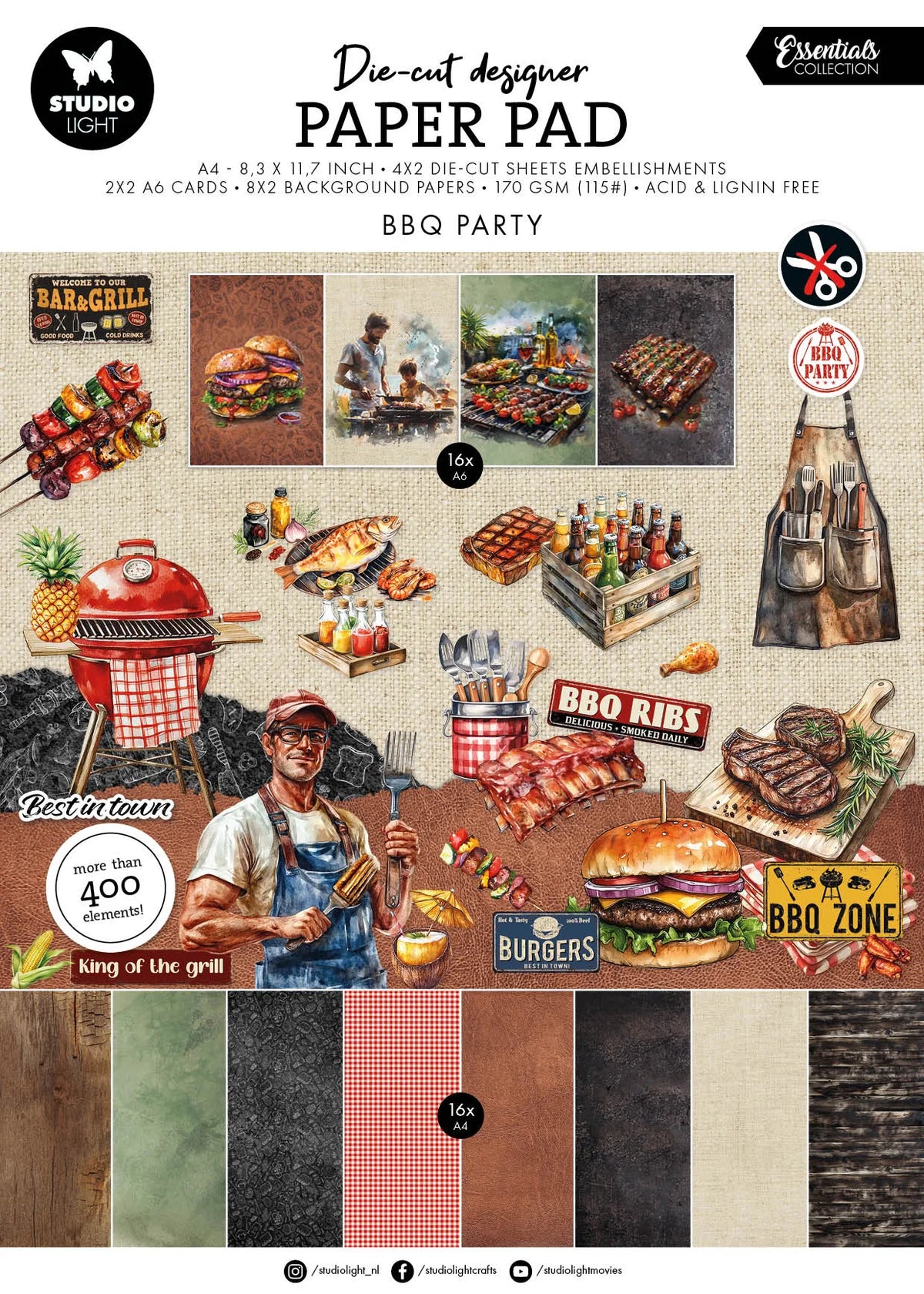 Design paper pad for BBQ party theme with graphics of food, grill, and people.
