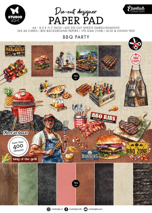 Design paper pad for BBQ party theme with graphics of food, grill, and people.