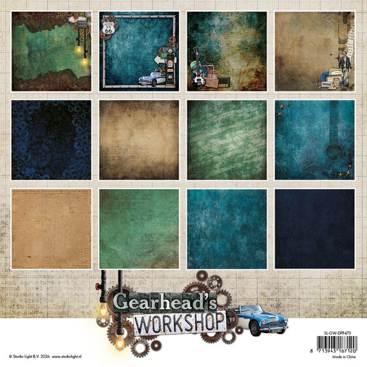 Collection of textured backgrounds with 'Gearhead's Workshop' branding and vintage car graphic.