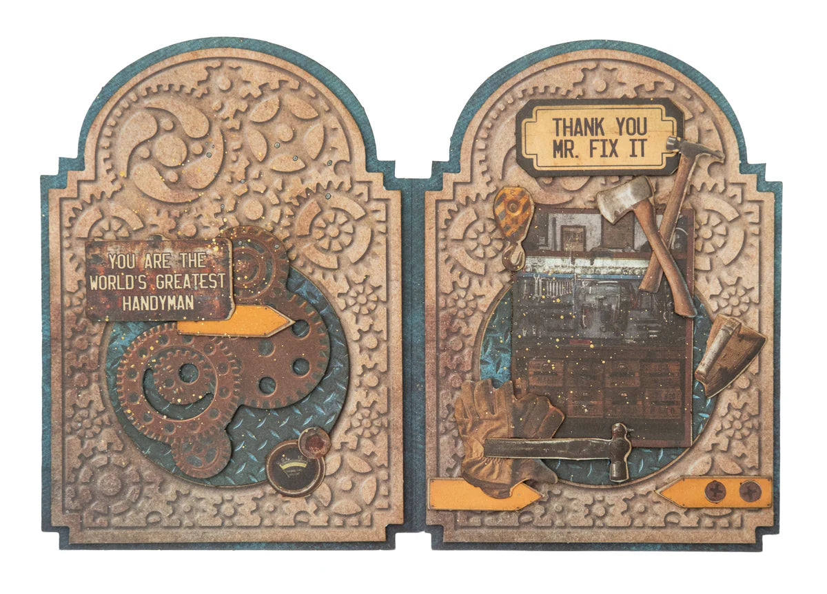 Decorative greeting card with mechanical design and text on a white background