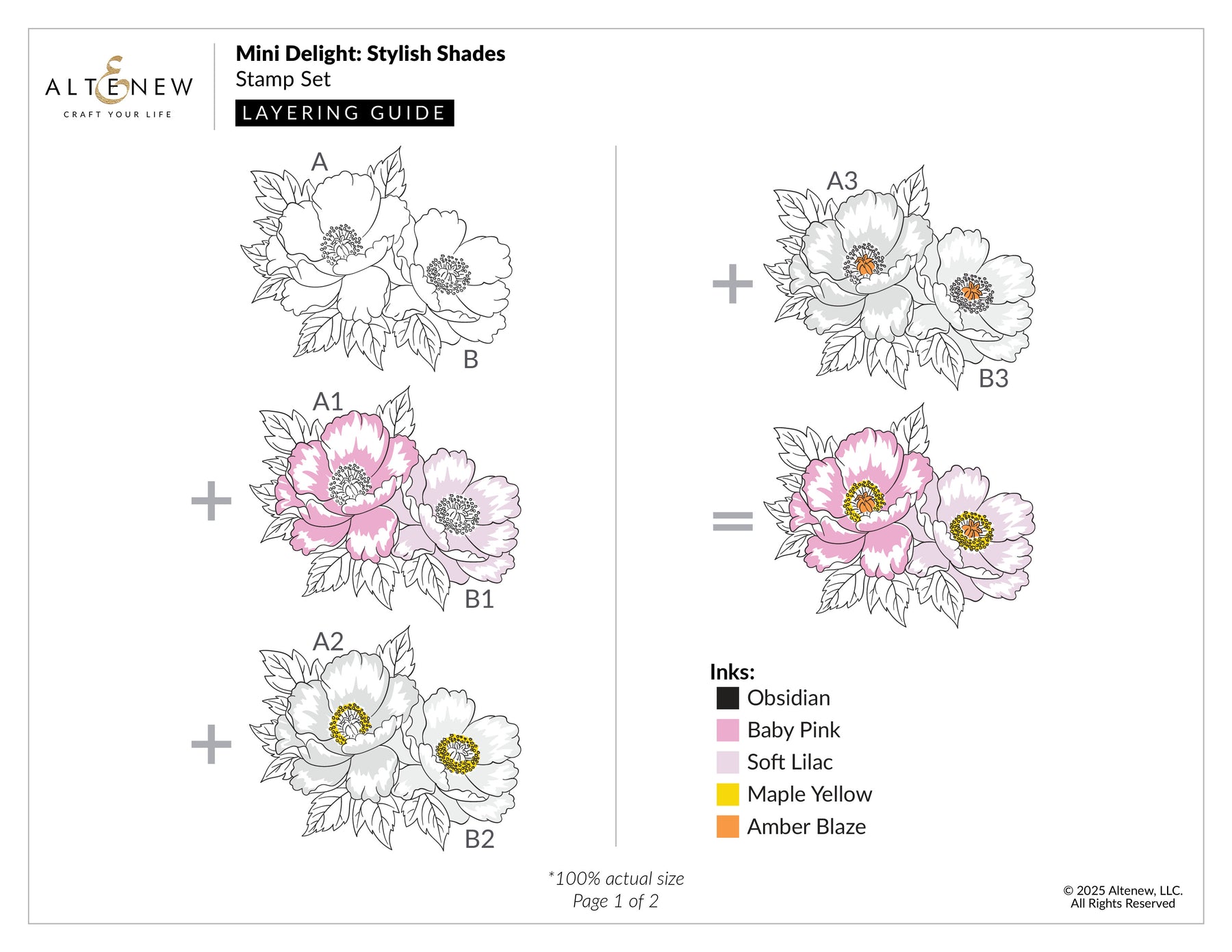 Layering guide for a floral stamp set with ink color options on a white background.