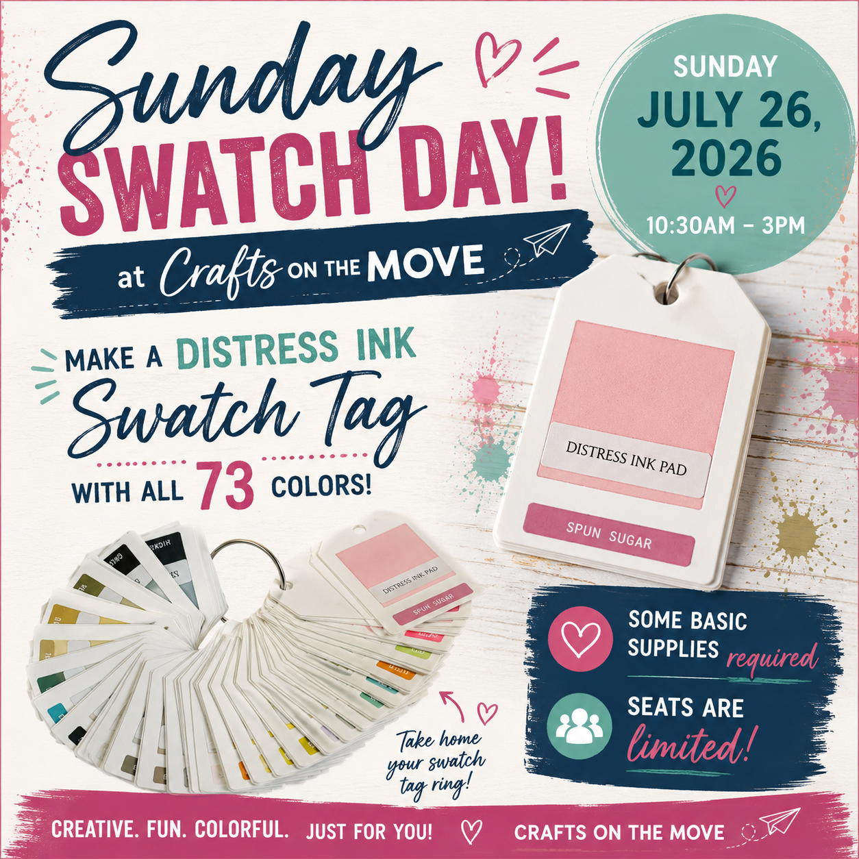 Promotional flyer for 'Sunday Swatch Day' event at Crafts on the Move with distress ink swatch tag and color wheel.