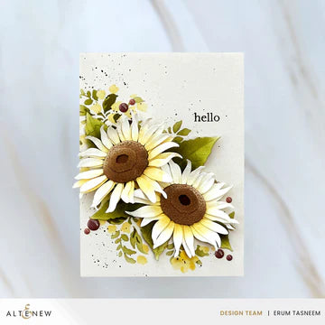Card with sunflower design and 'hello' text on a light background