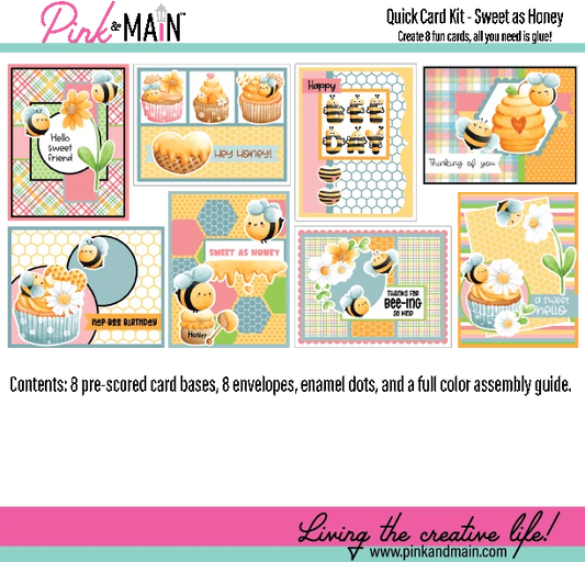 Set of colorful greeting cards with bee and honey theme, featuring pre-scored card bases and envelopes.
