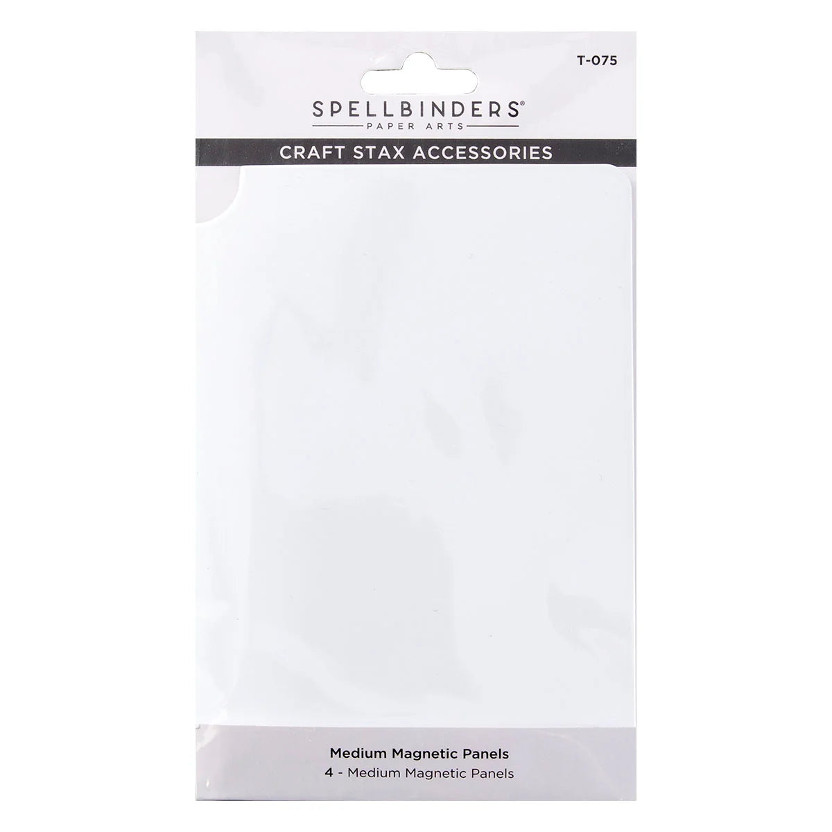 Spellbinders Paper Art Craft Stax Accessories package containing 4 medium magnetic panels, shown in its clear plastic hanging retail packaging against a white background.