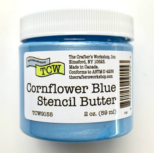 cornflower blue butter jars with a labeled cap, arranged in rows on a white background.