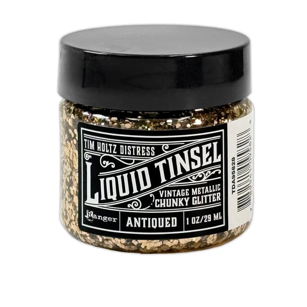A 1 oz jar of Tim Holtz Distress Liquid Tinsel Antique Vintage Metallic Chunky Glitter by Ranger, featuring a black lid and a black-and-white label, set against a plain white background.