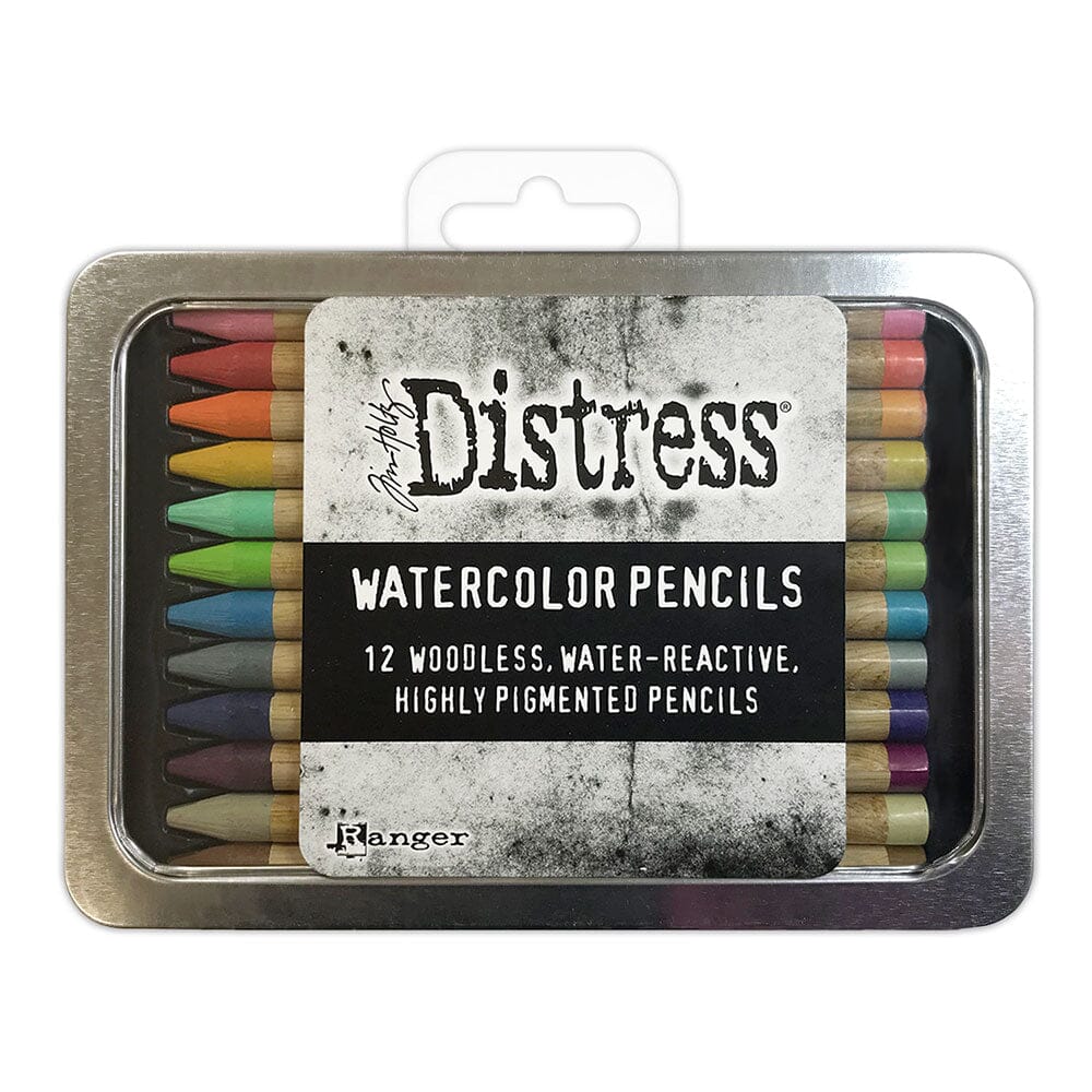 Pack of Distress watercolor pencils in a tin with a label on a white background