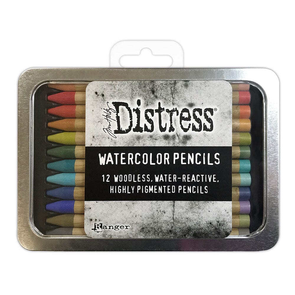 Pack of Distress watercolor pencils in a tin with a visible brand label.