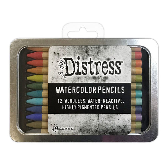 Pack of Distress watercolor pencils in a tin with a visible brand label.