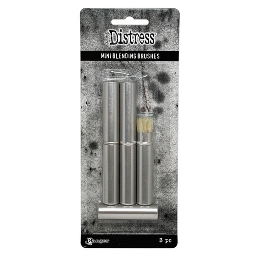 Packaging of Distress mini blending brushes with a black and white design.