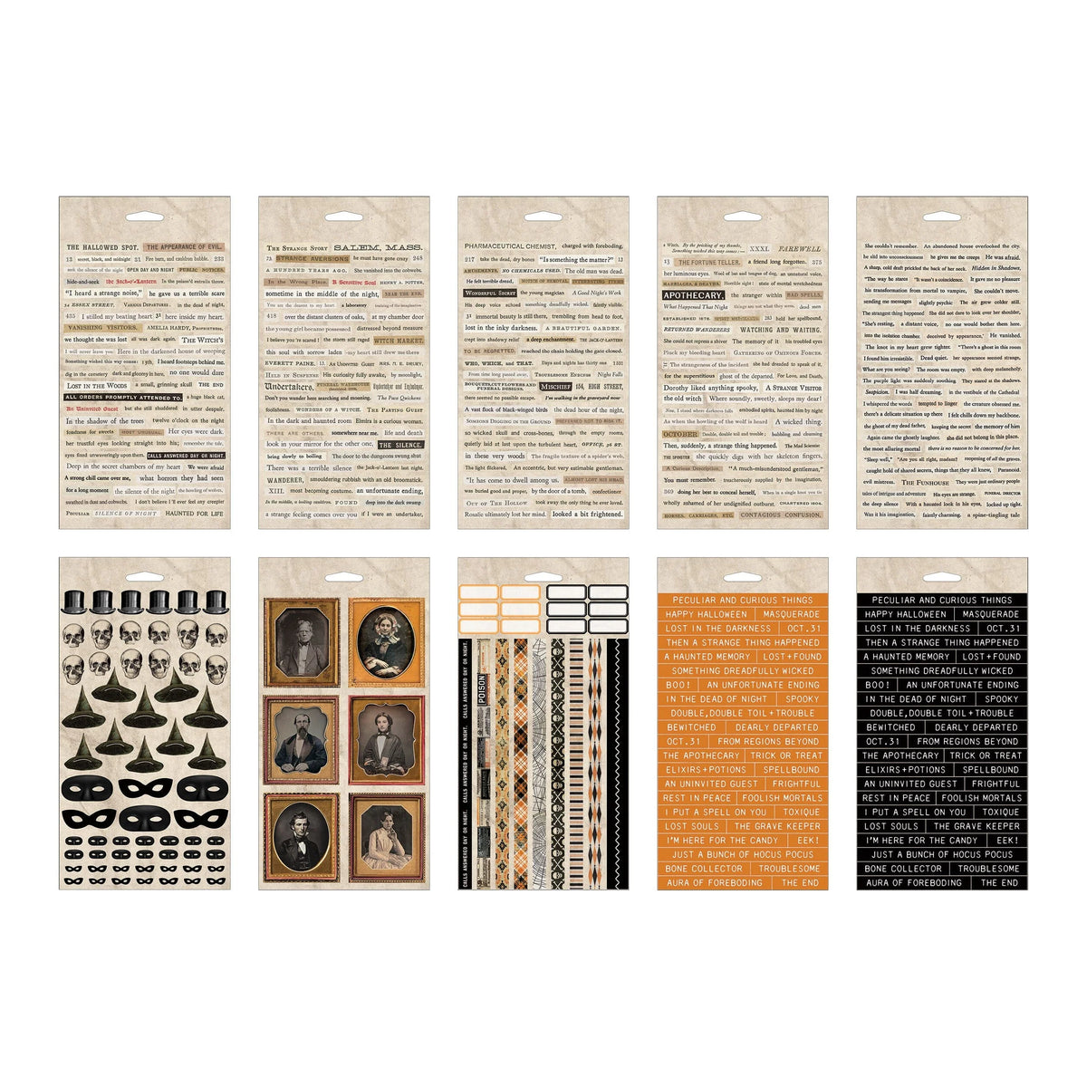 Collection of  10 Halloween themed vintage-style sticker sheets and stickers on a white background