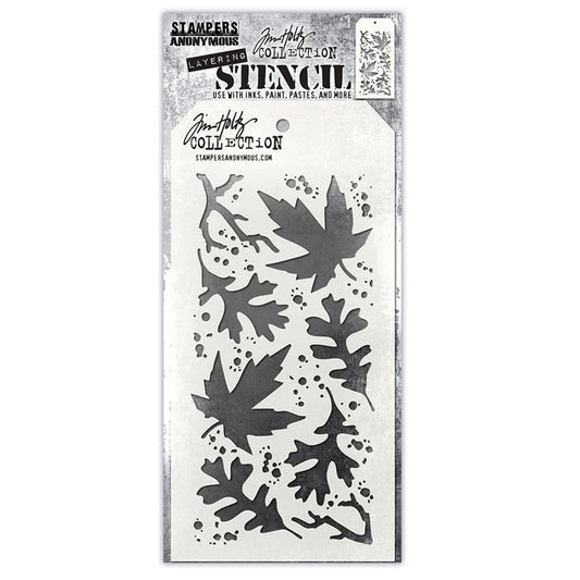 Tim Holtz Stampers Autumn leaves layering Stencil Collection leaf stencil sheet, featuring black maple and oak leaf stencils with splatter details on a white backing card.