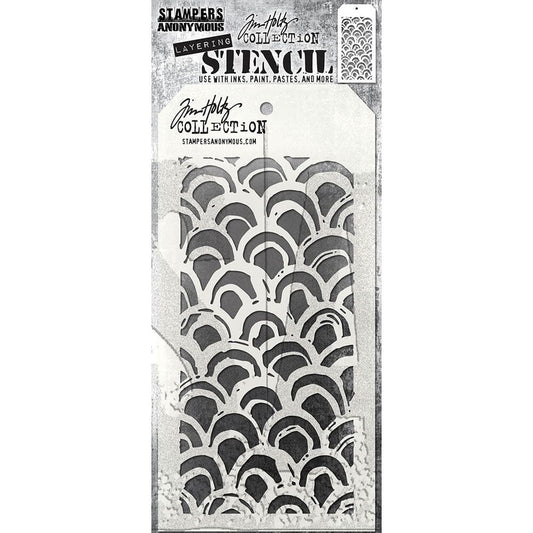 Stampes anonymous layered brush arch stencil designed by Tim Holtz in gray packaging on white background