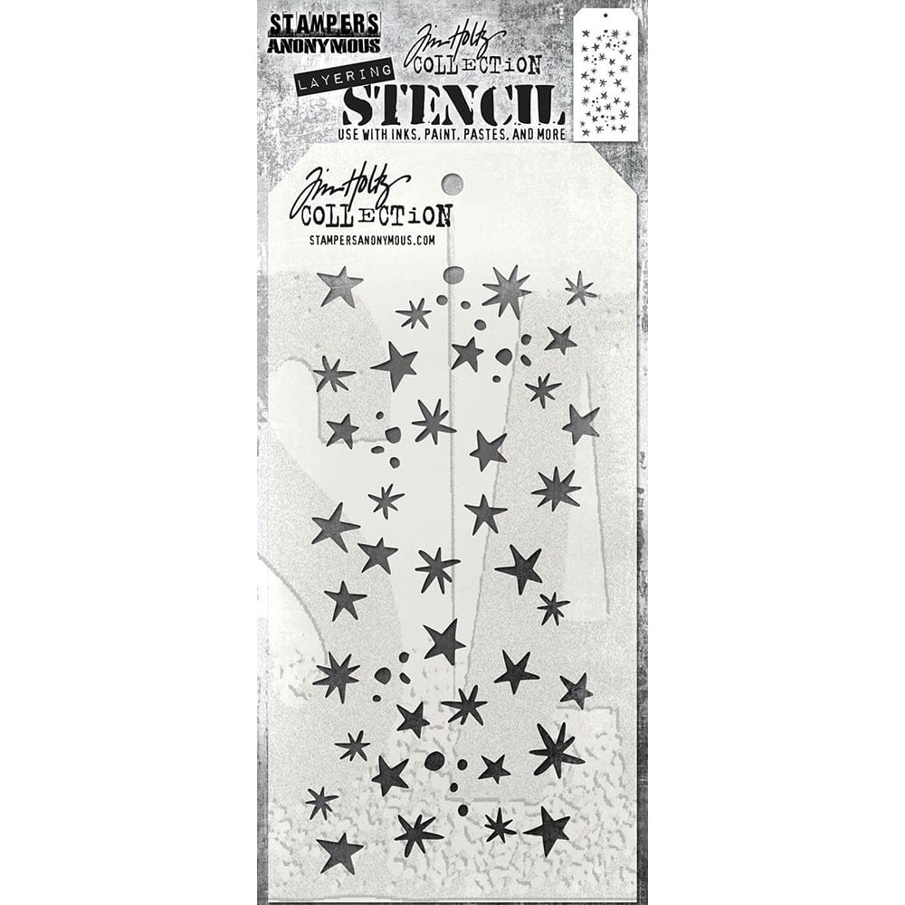 Tim holtz Stampers anonymous Spellbound layered stencil of stars and starbursts in gray packaging on a white background
