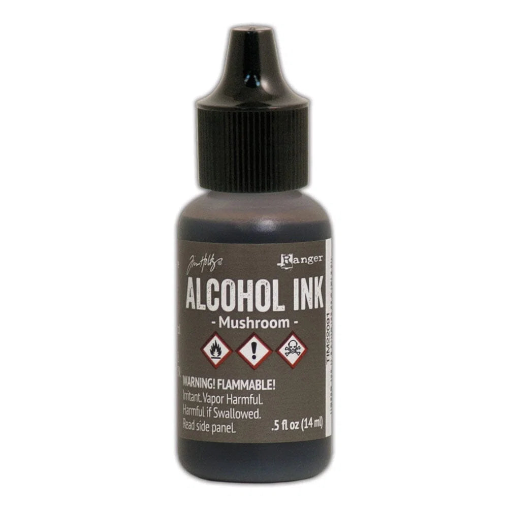 Bottle of alcohol ink labeled 'Mushroom' with a black cap on a white background