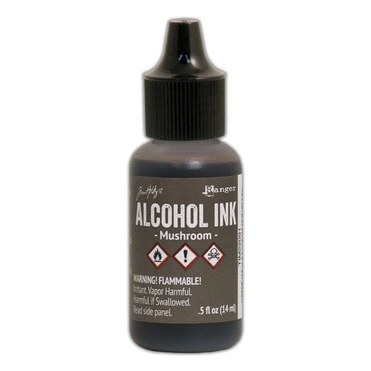 Bottle of alcohol ink labeled 'Mushroom' with a black cap on a white background