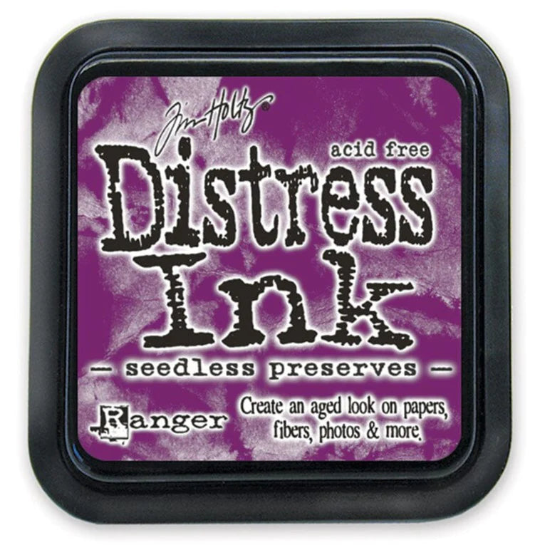 Distress Ink pad by Ranger with a purple background and black text - seedless preserves