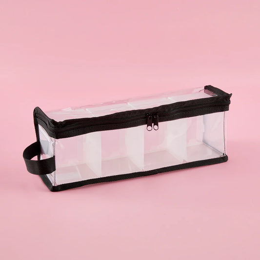 Ink pad organization bag with black zipper on a pink background
