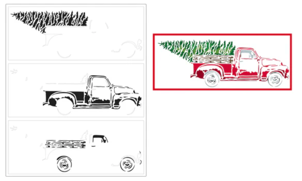 Illustrations of a vintage truck stencil in black and red with tree on a white background
