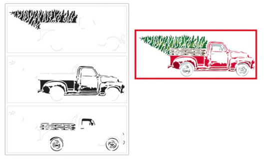 Illustrations of a vintage truck stencil in black and red with tree on a white background