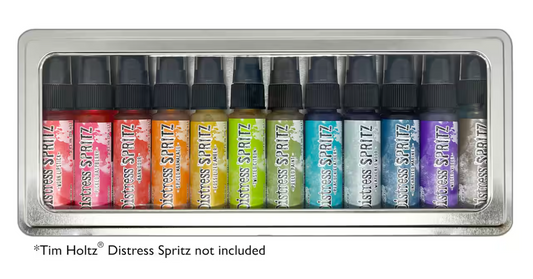Set of Tim Holtz Distress Spritz spray bottles in a metal holder on a white background.