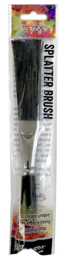 Packaged splatter brush with black bristles on a white background