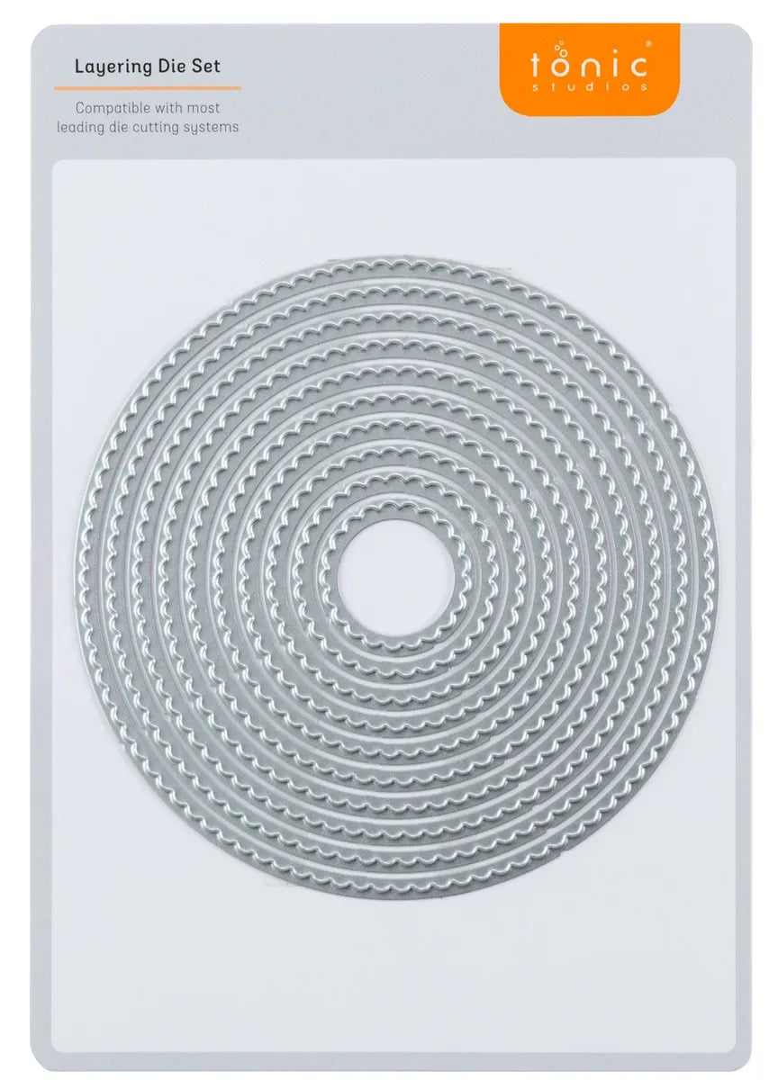 Tonic Studios Layering Die Set packaging with circular die on a white background