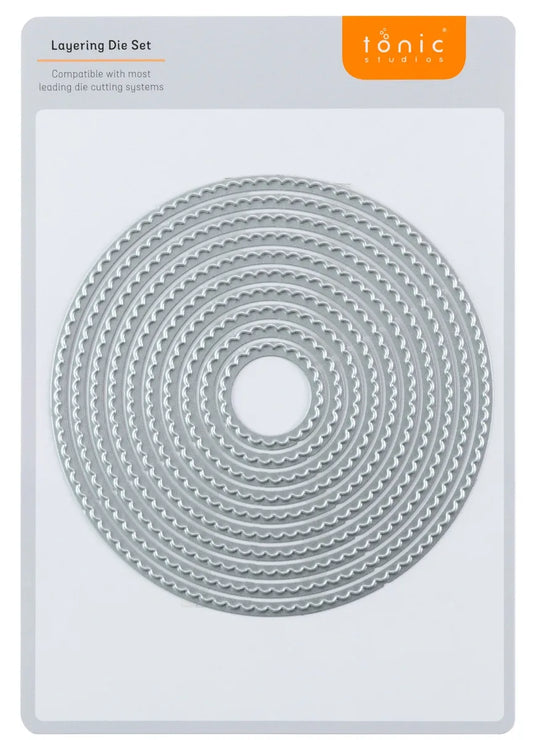 Tonic Studios Layering Die Set packaging with circular die on a white background
